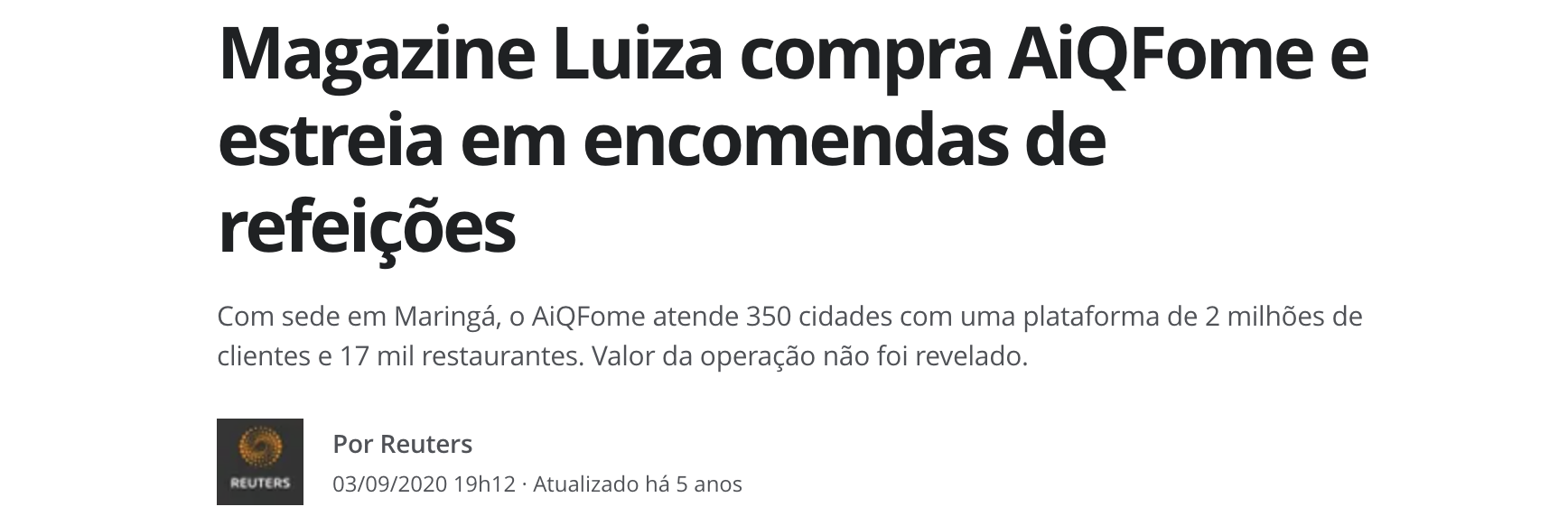 Magazine Luiza × AiQFome: como destrinchamos um deal que o mercado deu como "valor não revelado"