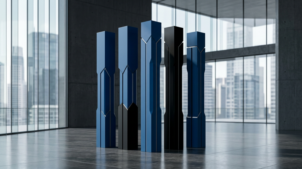 Tall blue and black geometric pillars arranged in a circle in a spacious gallery with glass walls