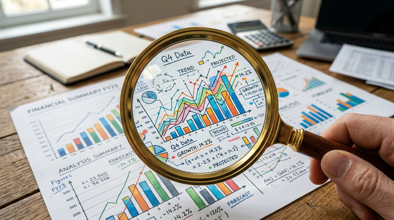 Magnifying glass focusing on colorful line and bar charts showing Q4 financial data and growth trends