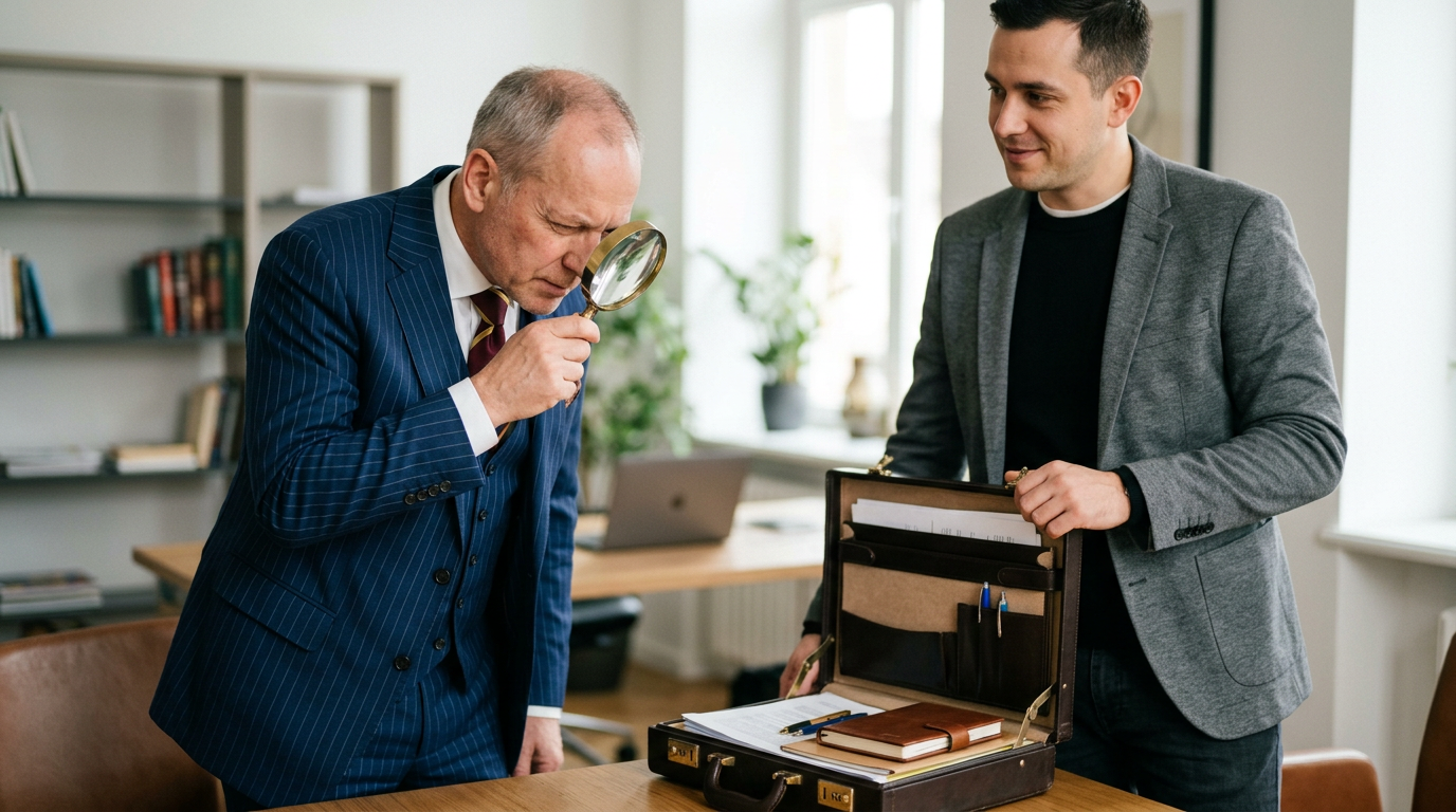 Older man examining documents inside a briefcase with a magnifying glass while younger man watches