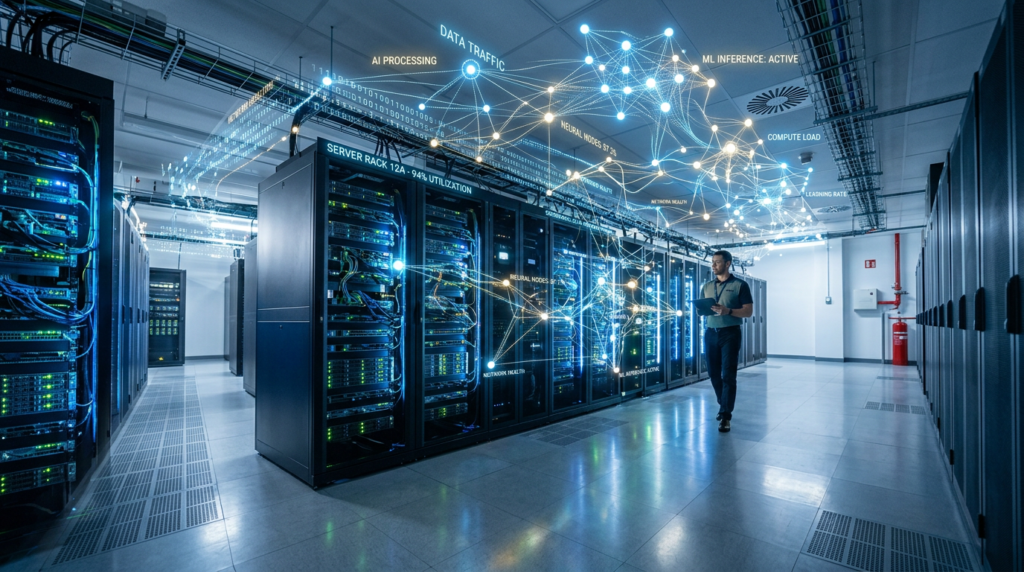 Technician walking in data center with server racks and AI monitoring data overlays