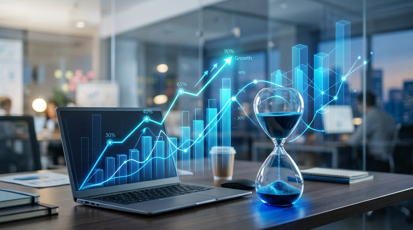 Laptop with rising business growth charts and hourglass with blue sand on office desk