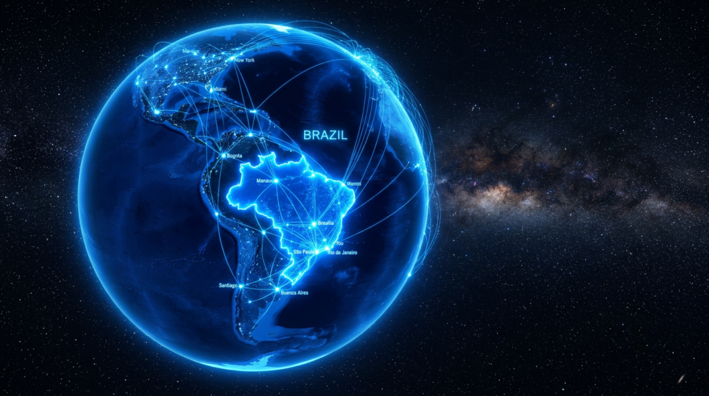Digital globe showing Brazil and network lines connecting major cities in the Americas