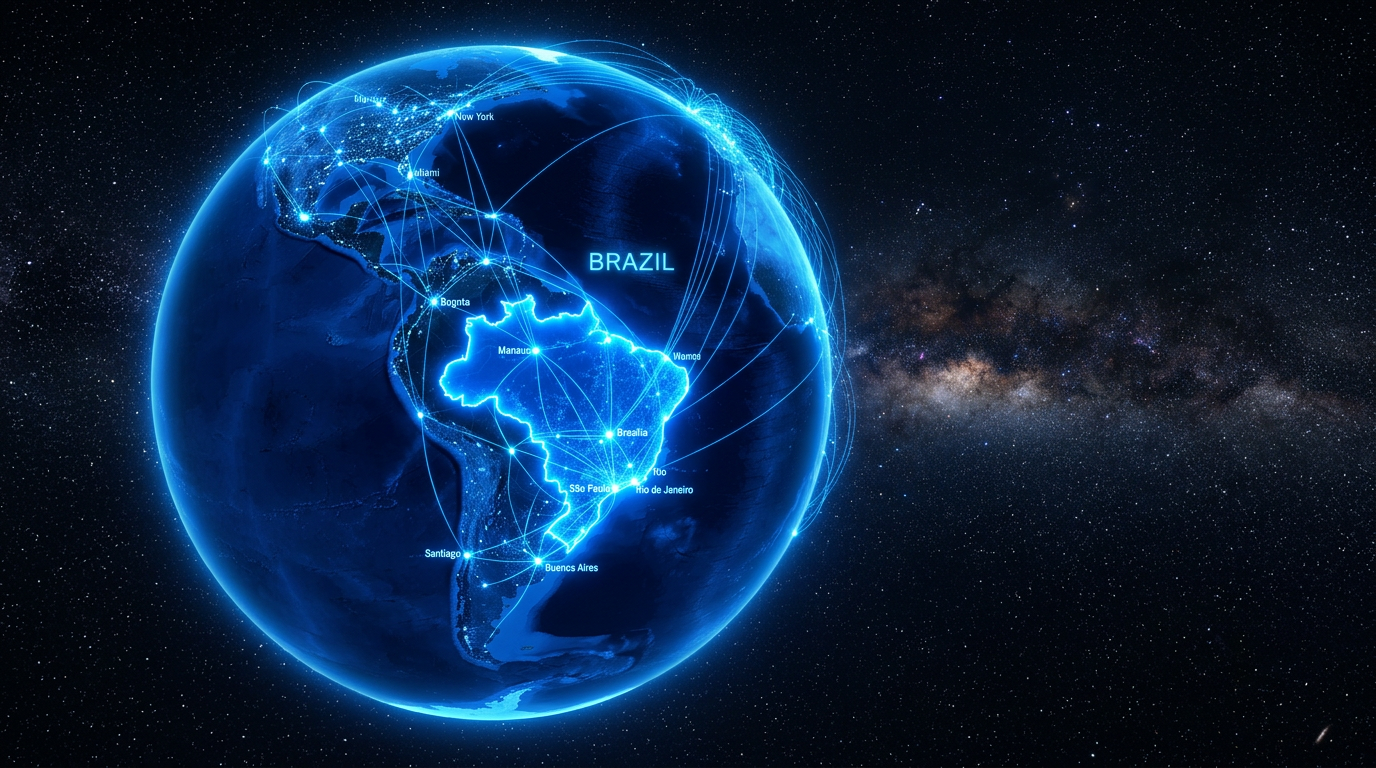 Digital globe showing Brazil and network lines connecting major cities in the Americas