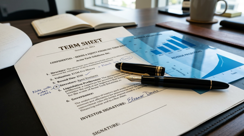 Term sheet for equity financing with handwritten notes and signature