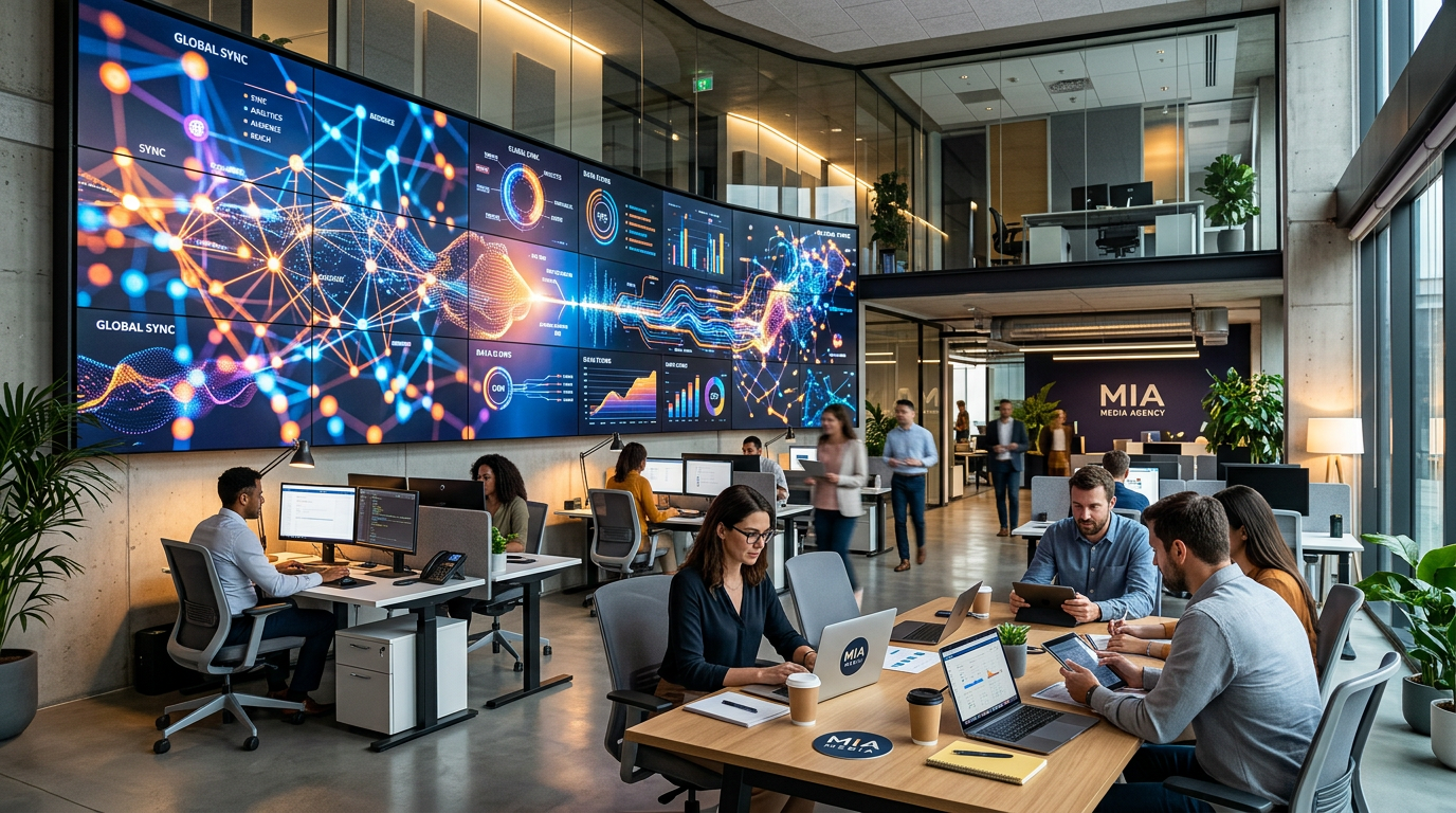 Office space with people working at desks and a large digital screen showing global sync data visualizations