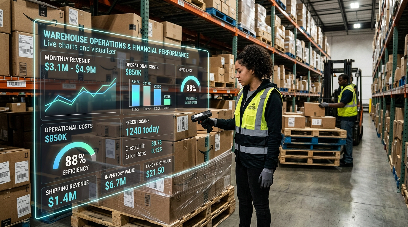 Warehouse worker using handheld scanner with digital overlay of warehouse operation metrics