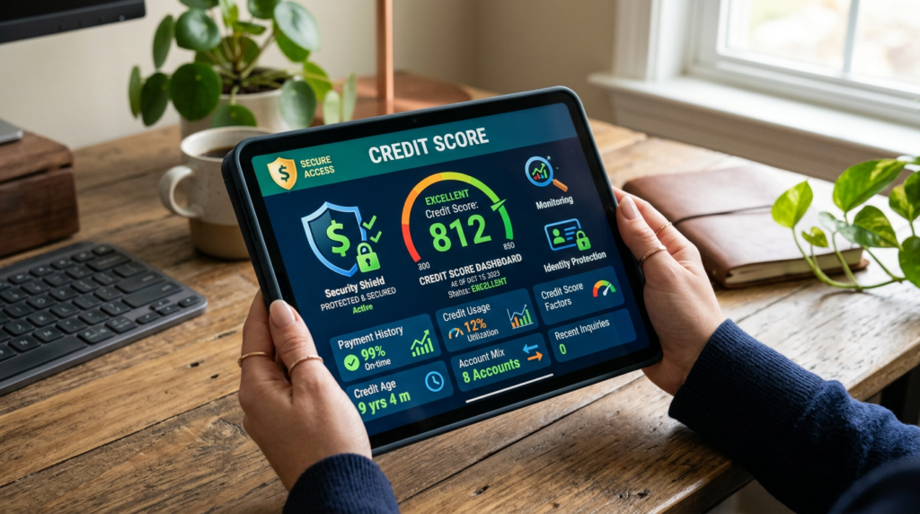 Tablet screen displaying credit score dashboard with a score of 812 and related financial details